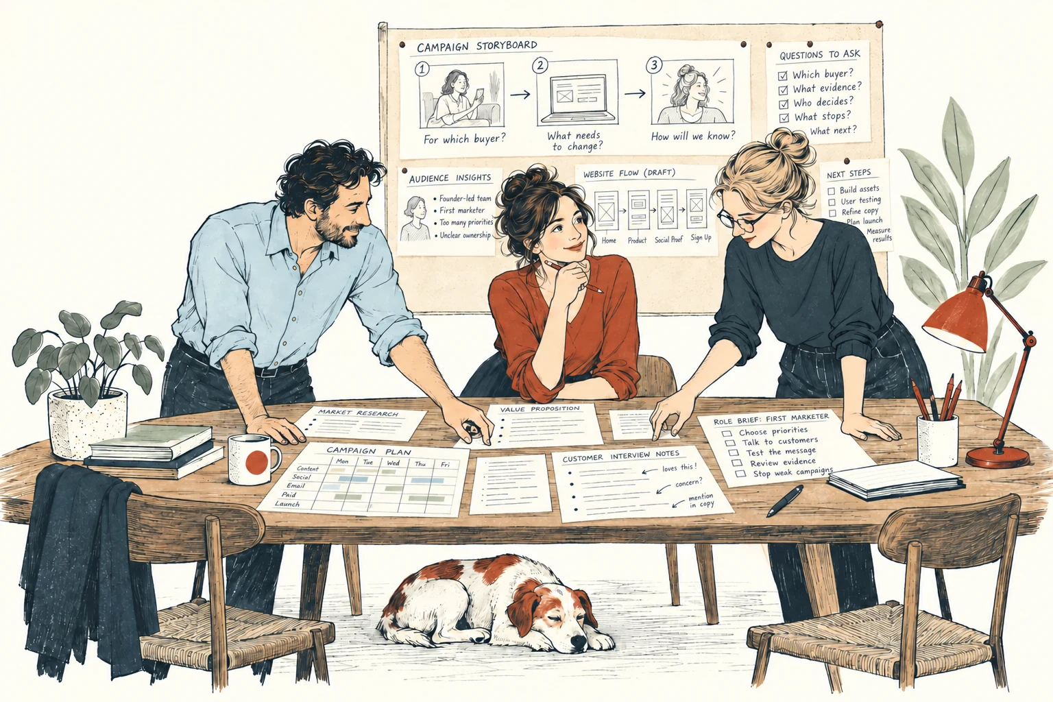 Ink-and-wash illustration of three people reviewing marketing documents around a table, with a campaign storyboard behind them.